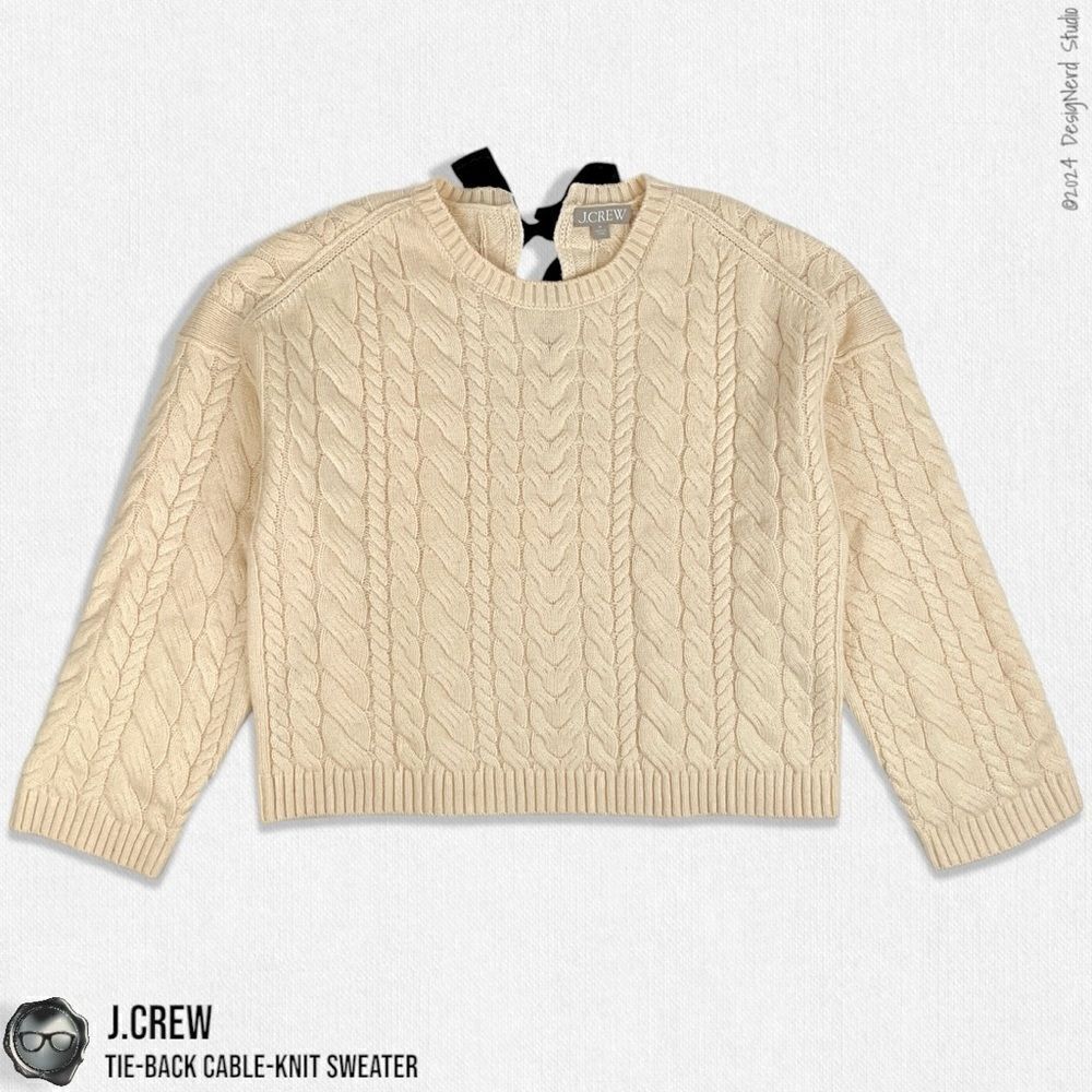 J.CREW TIE-BACK CABLE KNIT SWEATER IN BUTTERCREAM WITH BLACK BOW SLIGHT CROP MED - Picture 4 of 11